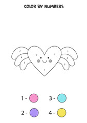 Color cute flying heart by numbers. Worksheet for kids.
