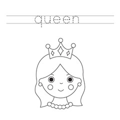 Trace word and color cute cartoon queen.