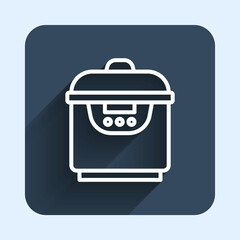 White line Slow cooker icon isolated with long shadow background. Electric pan. Blue square button. Vector