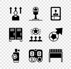 Set Football or soccer player, Award cup and football, card, Air horn, betting money, goal, Locker changing room and Soccer icon. Vector