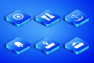 Set Cruise ship, Ship steering wheel, Periscope, bell, Flippers for swimming and Anchor icon. Vector