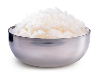 Rice in Korean rice bowl isolated on white background, Cooked Korean rice in a metal bowl on white background, With clipping path.