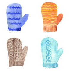 A set of children's winter mittens. Hand-drawn watercolor illustration isolated on a white background. Clothes for winter walks.