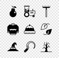 Set Pear, Tractor, Garden rake, Witch hat, Sickle, Bare tree, Sweater and Winter icon. Vector