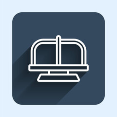 White line Attraction carousel icon isolated with long shadow background. Amusement park. Childrens entertainment playground, recreation park. Blue square button. Vector