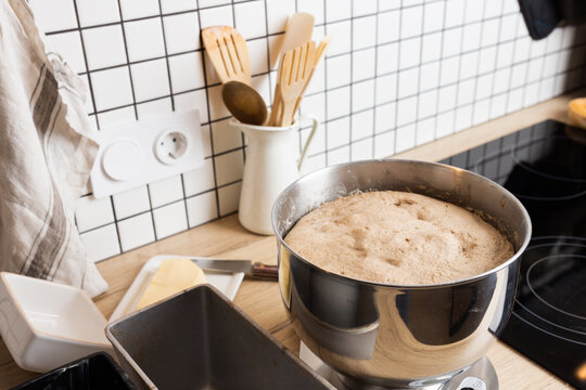 The process of making rye bread. Dough on rye bread before dividing. Front view.