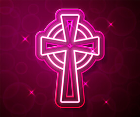 Glowing neon line Celtic cross icon isolated on red background. Happy Saint Patricks day. National Irish holiday. Vector