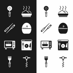 Set Kitchen timer, Food chopsticks, Spatula, Bowl of hot soup, Microwave oven, Cooking live streaming, Wine corkscrew and Fork icon. Vector