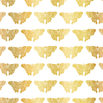 Butterflies metallic gold foil effect seamless vector pattern. Butterfly background golden on white. Elegant design for spring decor, summer, wrapping, surface design, wallpaper, gift bags