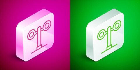 Isometric line Train traffic light icon isolated on pink and green background. Traffic lights for the railway to regulate the movement of trains. Silver square button. Vector