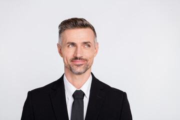 Photo of clever thoughtful mature broker dressed black suit looking empty space isolated grey color background