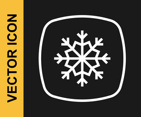 White line Snowflake icon isolated on black background. Merry Christmas and Happy New Year. Vector