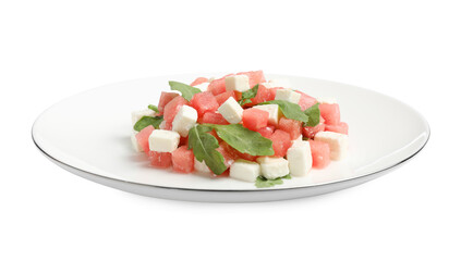 Delicious salad with watermelon, arugula and feta cheese isolated on white