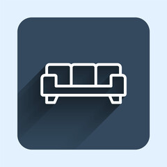 White line Sofa icon isolated with long shadow background. Blue square button. Vector