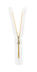 Golden zipper isolated on white, top view