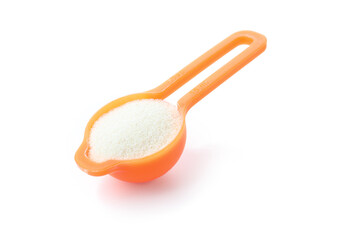 Concept of baby food with рowdered milk isolated on white background