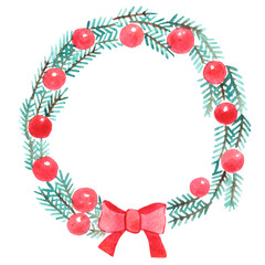 Pine leaves, ball and red bow watercolor wreath for Christmas holiday events.