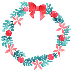 Fern leaf, flower, ball and red bow watercolor wreath for Christmas holiday events.