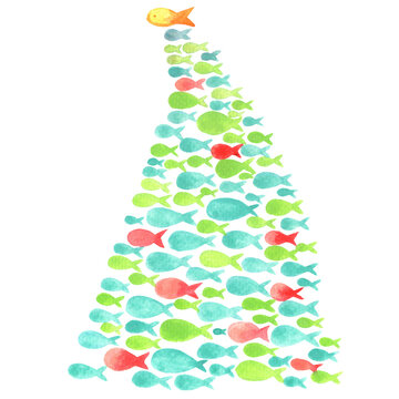 School of fish Christmas tree watercolor illustration for decoration on Summer Christmas holiday event.