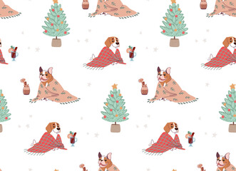 Seamless Christmas pattern with dogs and Christmas trees. Vector in flat style.