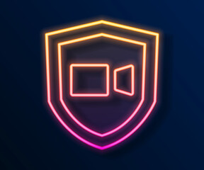 Glowing neon line Video chat conference icon isolated on black background. Online meeting work form home. Remote project management. Vector