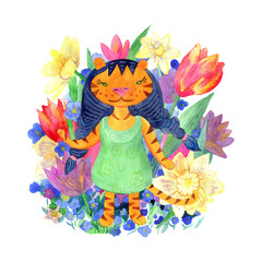 Hello summer! Summer watercolor illustration of a tiger. Hand drawing of a tiger in a flower garden. Children's and adult illustration. The card will serve as a good gift for a girl's birthday.