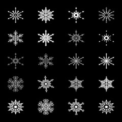 Naklejka na ściany i meble White Snowflakes Set. Symbol of winter, Christmas, New Year holiday. White silhouette on black background. Vector illustration