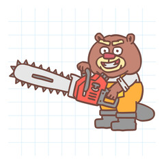 Builder beaver holding chainsaw and smiles madly. Hand drawn character. Vector Illustration - obrazy, fototapety, plakaty