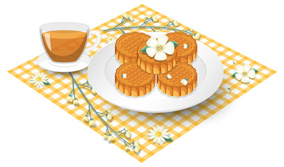 Pile of mooncakes with teacup set on tablecloth