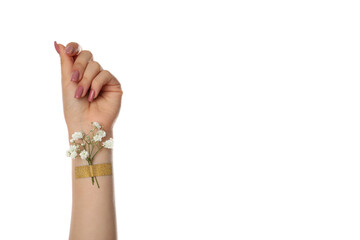 Beautiful female hand with flowers isolated on white background