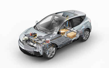 Electric car technical cutaway 3d rendering. - obrazy, fototapety, plakaty