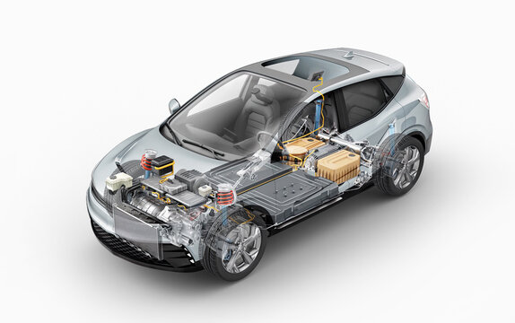 Electric car technical cutaway 3d rendering.