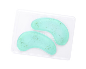 Package with under eye patches isolated on white, top view. Cosmetic product