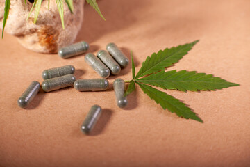 Capsules with hemp powder, branches with hemp leaves on craft paper and natural stone