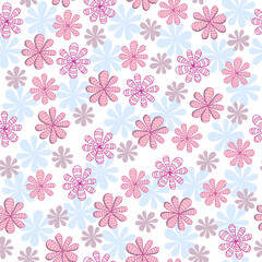 Seamless texture for your design. Hand-drawn background with pink and blue flowers. Doodle style.