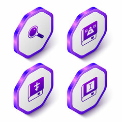 Set Isometric Magnifying glass, Ancient magic book, Holy bible and Book icon. Purple hexagon button. Vector