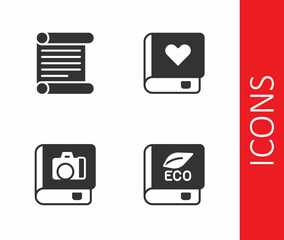 Set Book about ecology, Decree, parchment, scroll, Photo album gallery and Romance book icon. Vector
