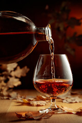 Cognac is poured into a glass from a bottle.
