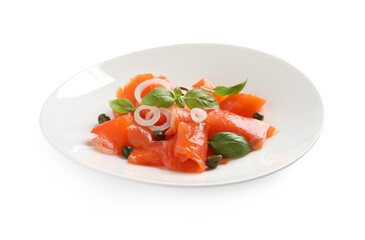 Delicious salmon carpaccio with capers, basil and onion on white background