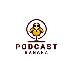 Yellow banana combination with microphone podcast in background white,vector logo design as you editable