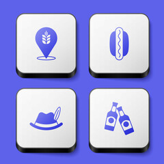 Set Wheat, Hotdog sandwich, Oktoberfest hat and Beer bottle icon. White square button. Vector