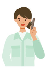 Woman wearing factory worker uniform. Factory worker Woman cartoon character. People face profiles avatars and icons. Close up image of Woman using smartphone.