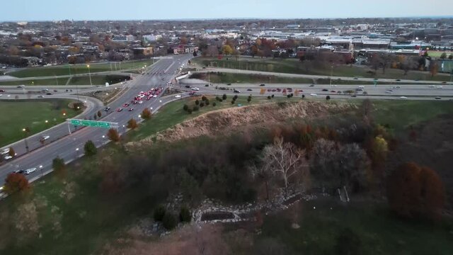 I-64 drone sunset shot next to Forest Park, St. Louis, MO