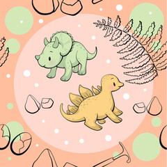 Seamless pattern with cute dinosaur. Stegosaurus and triceratops in kawaii style. Vector
