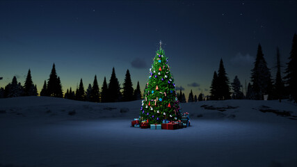 Christmas tree with new year toys, decorations and gifts in a snowy forest on the eve of new year and Christmas. High quality 4k render