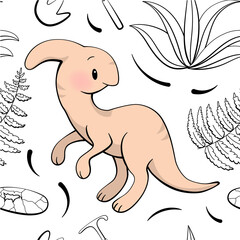 Seamless pattern with cute dinosaur. Parasaurolophus in kawaii style. Vector