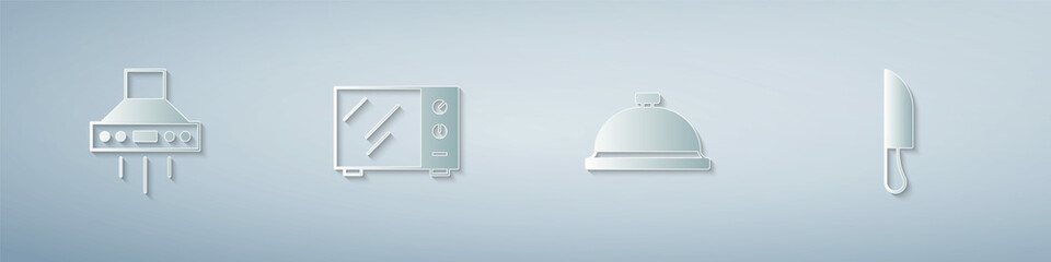 Set Kitchen extractor fan, Microwave oven, Covered with tray of food and Knife. Paper art style. Vector