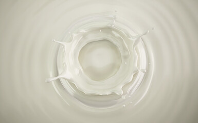 Milk crown splash in milk pool with ripples. Top view.