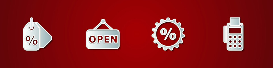 Set Discount percent tag, Hanging sign with Open, and POS terminal credit card icon. Vector