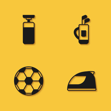 Set Punching bag, Racing helmet, Soccer football ball and Golf with clubs icon with long shadow. Vector